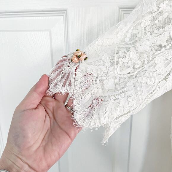 Carol Peretz I. Magnin Vintage Ivory Midi Length Lace Dress Ruffled Satin Hem - Picture 3 of 11